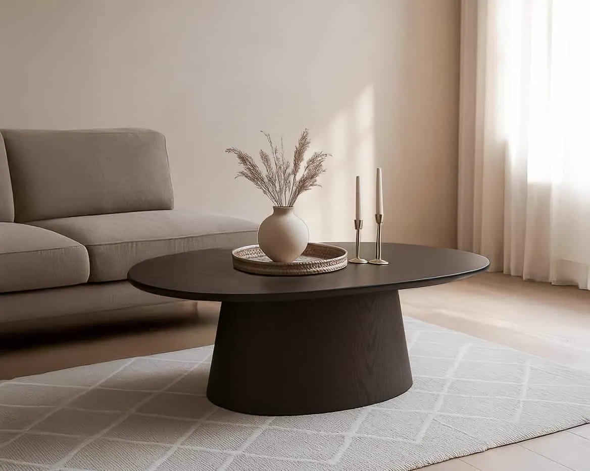 Couchtisch Novero Espresso Oval 120cm in einem modernen Wohnzimmer mit beiger Couch und hellem Teppich - Livingfurn