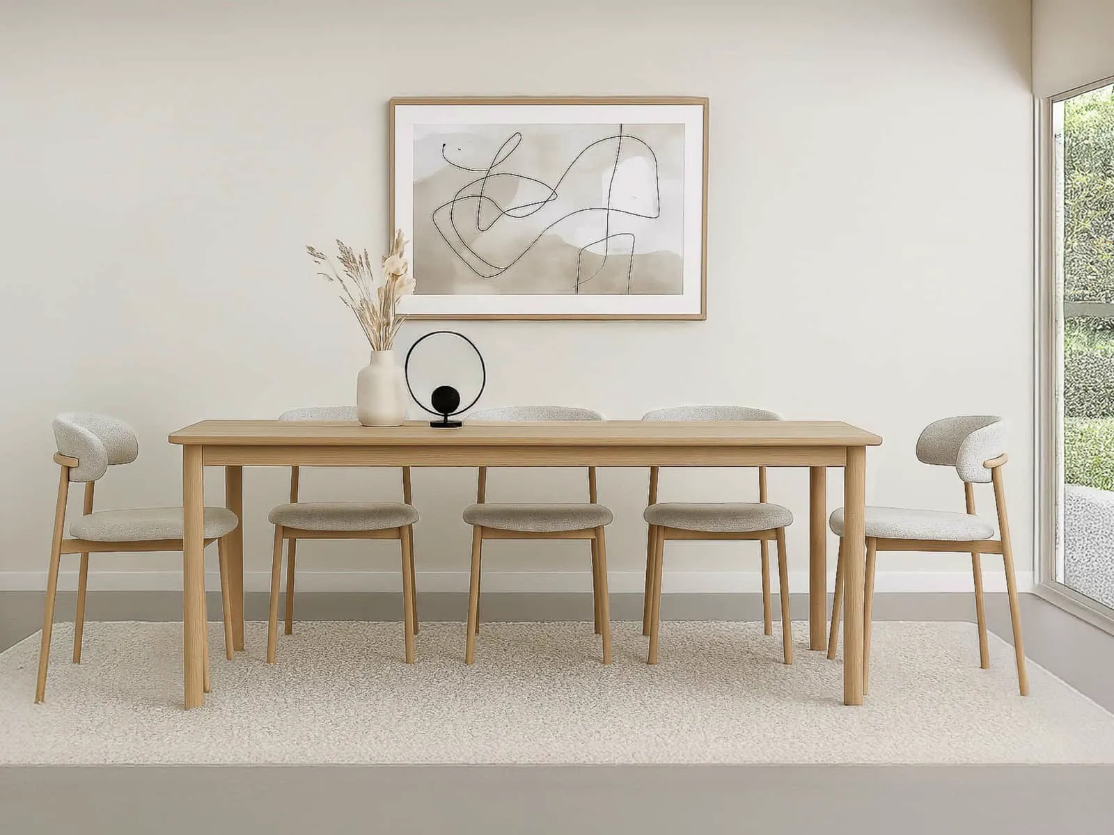 Die Micah Hush Oak Stühle stehen um einen Holzesstisch in einem hellen Esszimmer - Livingfurn