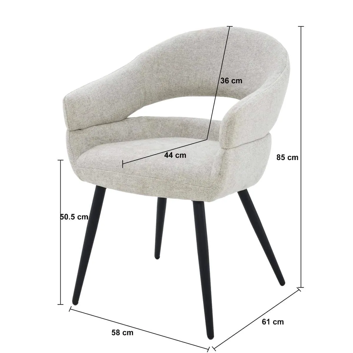 Esszimmerstuhl Megan Toffee auf weißem Hintergrund, mit Maßen des Stuhls in cm - Livingfurn