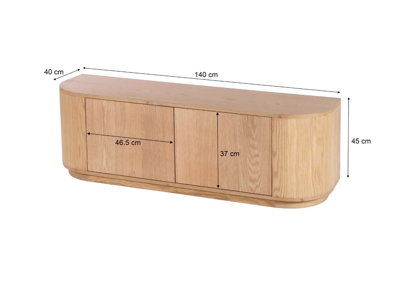 TV meubel Novero 140cm op een witte achtergrond, met afmetingen van 140 cm breed, 40 cm diep en 45 cm hoog - Livingfurn