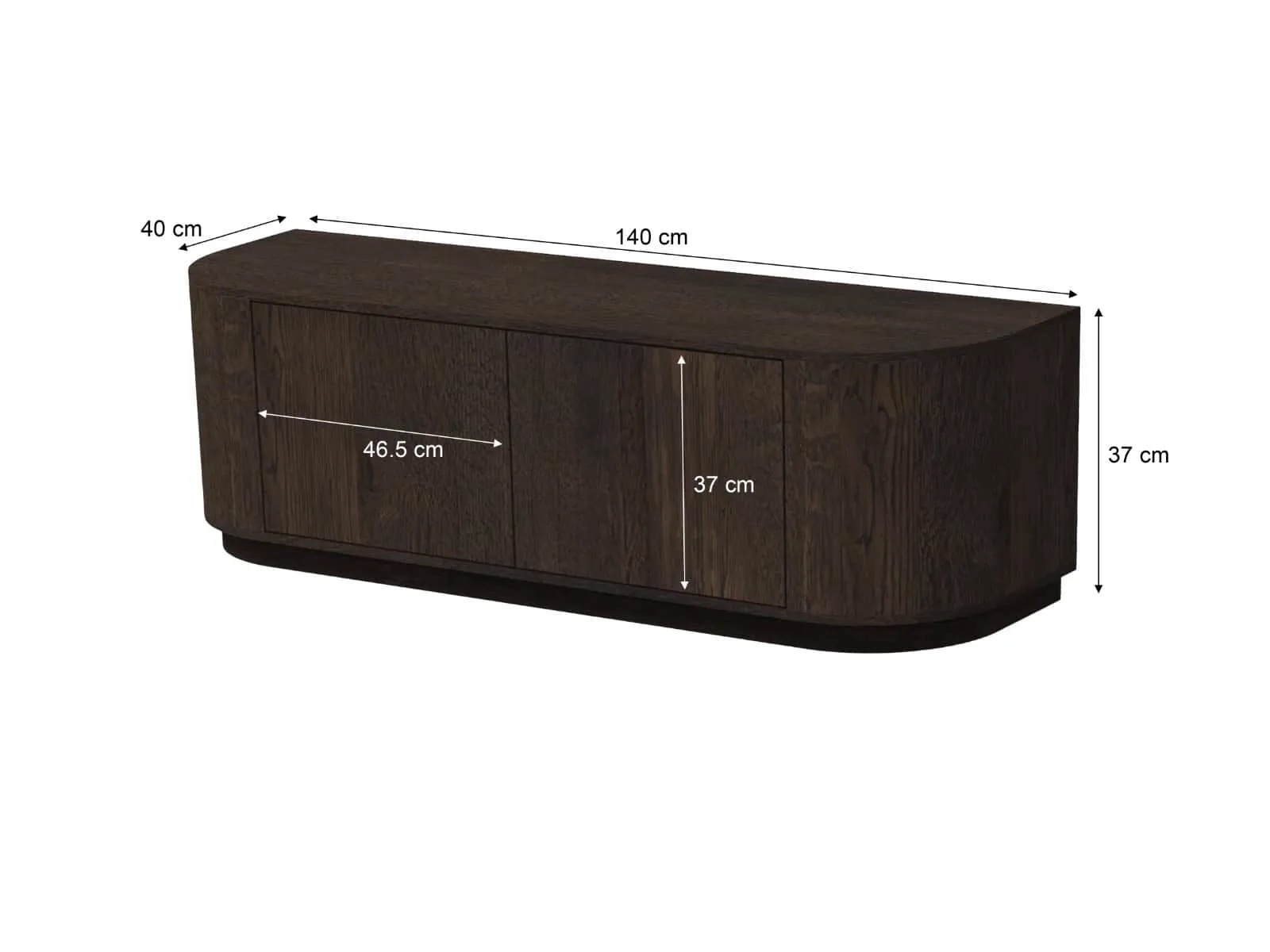 TV meubel Novero Espresso 140cm op een witte achtergrond, schuin van voren gefotografeerd met afmetingen - Livingfurn