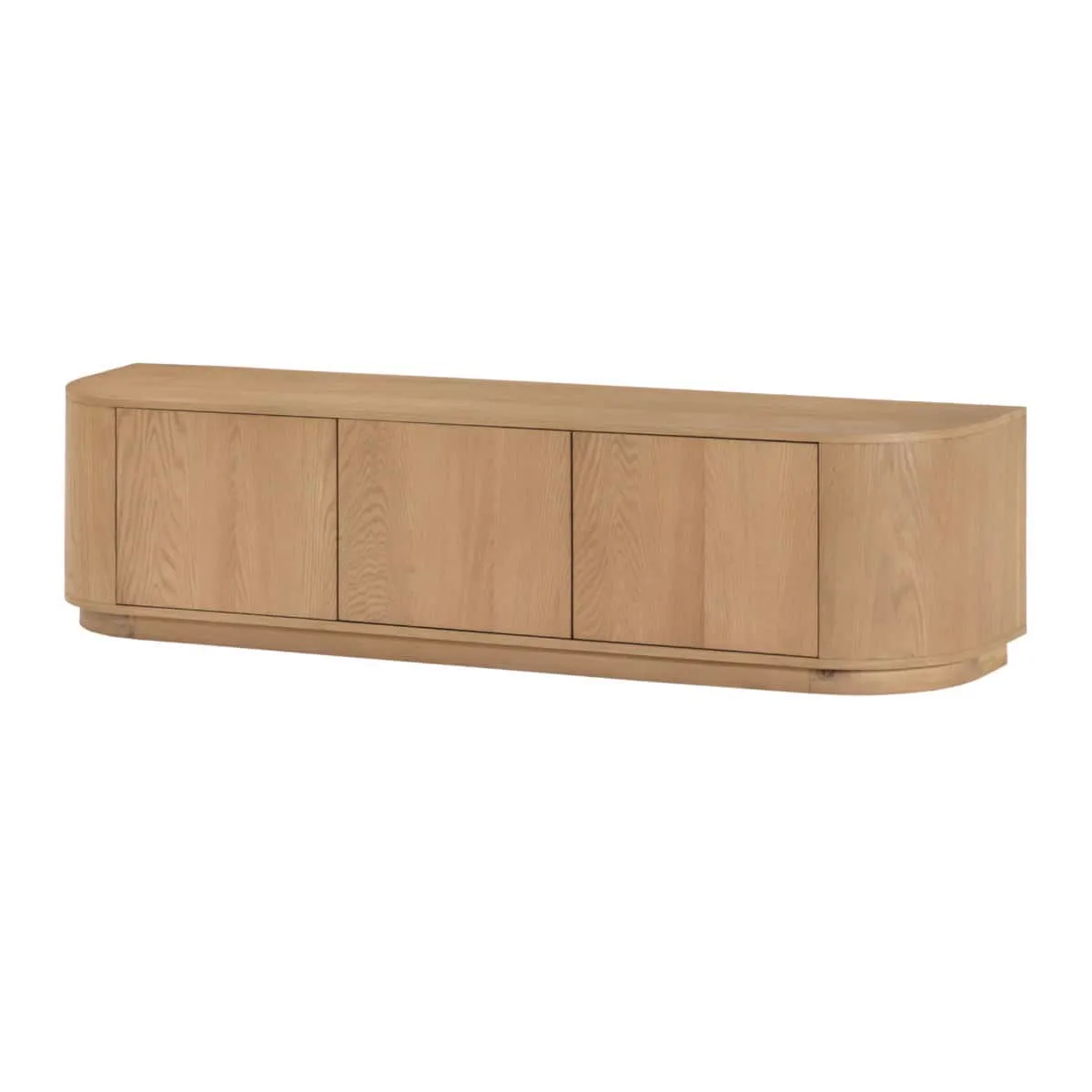 TV meubel Novero 180cm op een witte achtergrond, met drie deuren en afgeronde zijkanten - Livingfurn