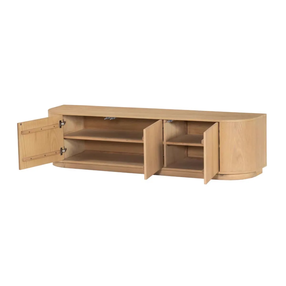 Het TV meubel Novero 180cm met openstaande deuren, op een witte achtergrond - Livingfurn