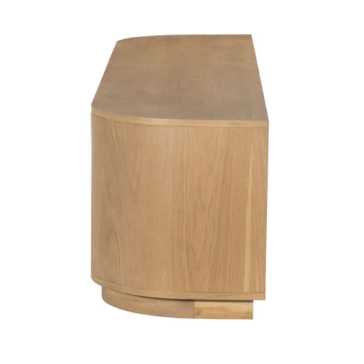 Zijaanzicht van TV meubel Novero 180cm op een witte achtergrond, met de gebogen voorkant zichtbaar - Livingfurn