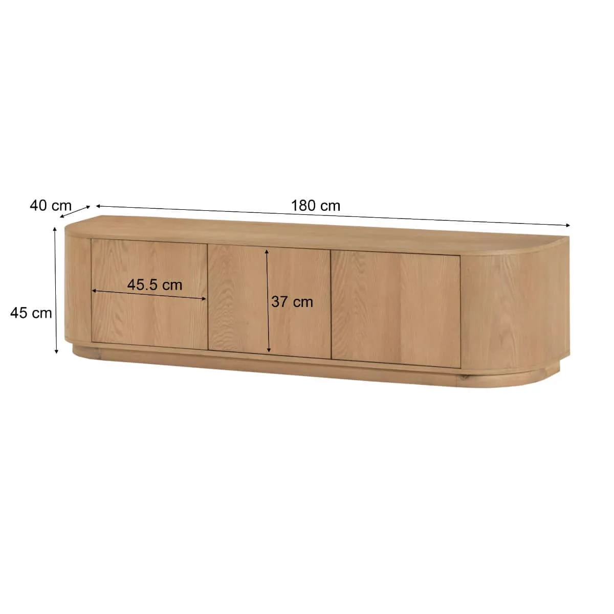 TV meubel Novero 180cm op witte achtergrond, met afmetingen van 180 cm breed, 40 cm diep en 45 cm hoog, en kastdeuren van 45.5 cm breed en 37 cm hoog - Livingfurn