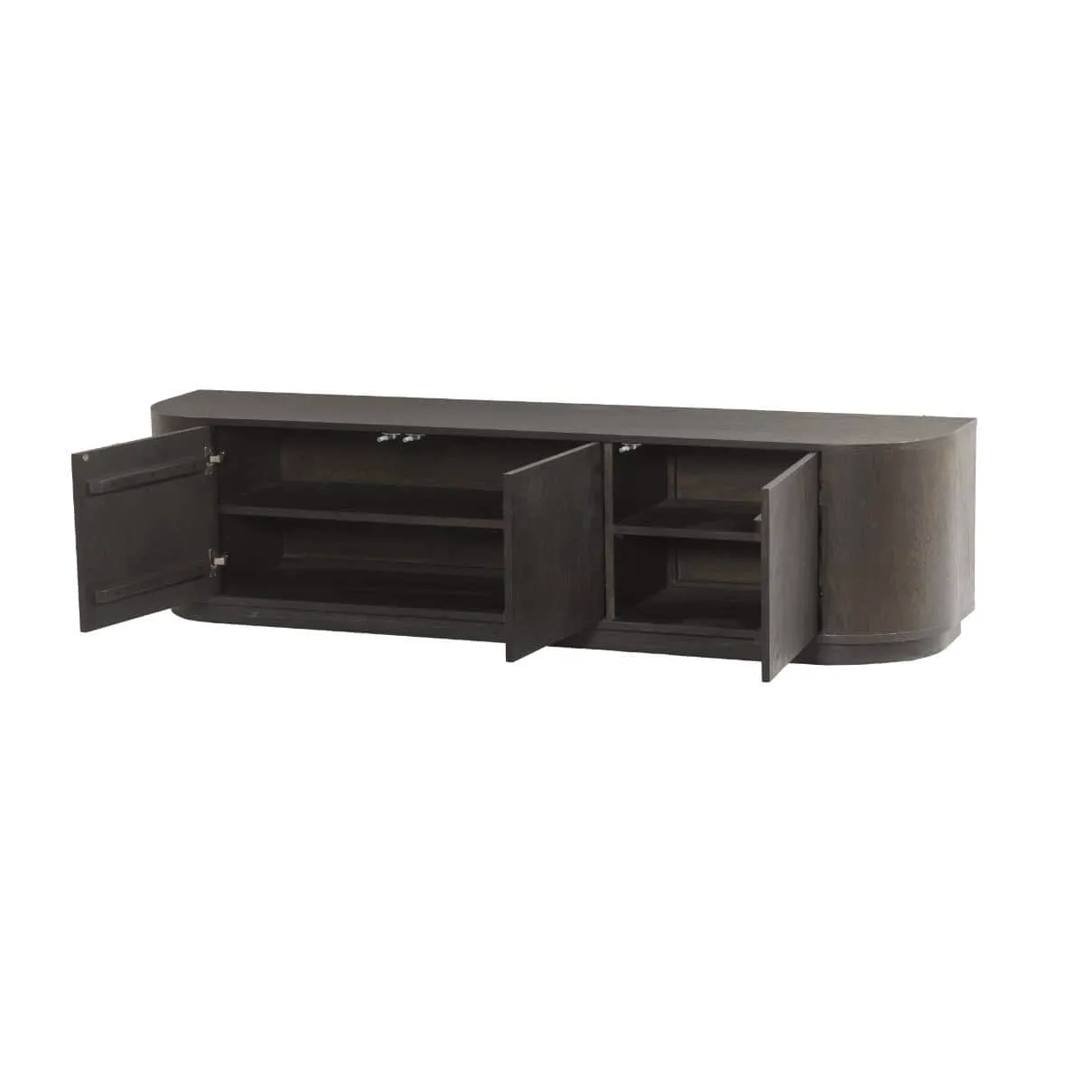 TV meubel Novero Espresso 180cm met openstaande deuren op een witte achtergrond - Livingfurn