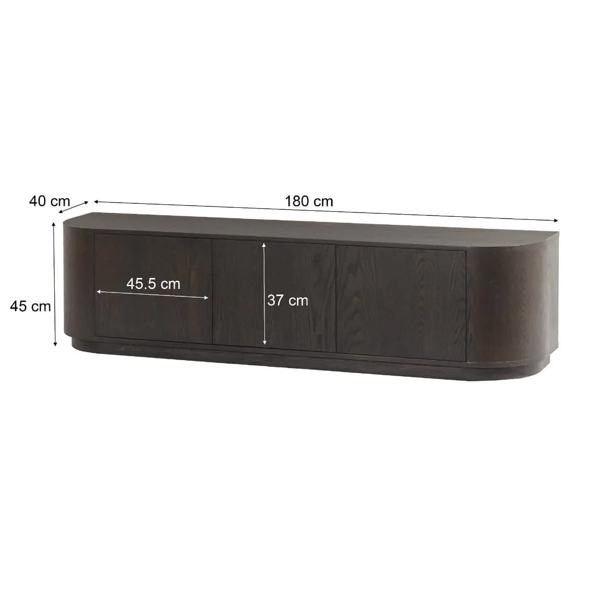 TV meubel Novero Espresso 180cm op een witte achtergrond, met afmetingen van 180 cm breed, 45 cm hoog en 40 cm diep - Livingfurn