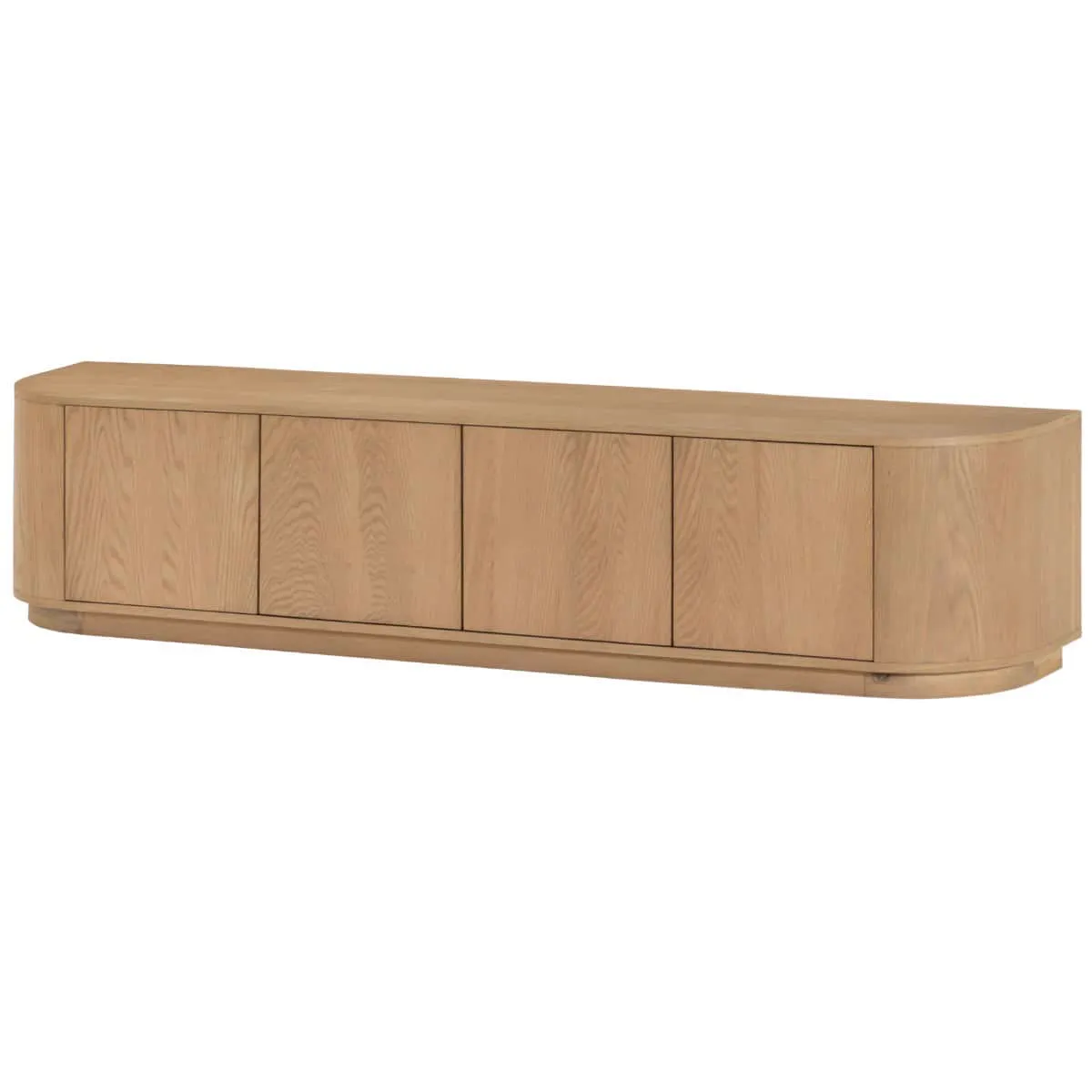TV meubel Novero 220cm op een witte achtergrond, frontaal gefotografeerd met vier deuren - Livingfurn