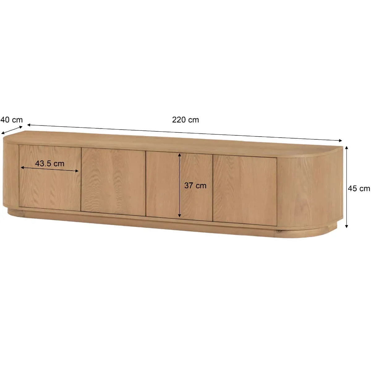 TV meubel Novero 220cm met vier deuren, staand op een witte achtergrond met afmetingen - Livingfurn