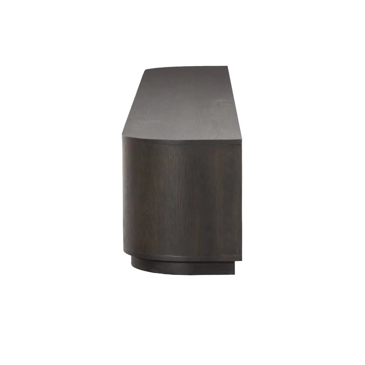 Zijaanzicht van het TV Meubel Novero Espresso 220cm op een witte achtergrond, met de afgeronde hoek zichtbaar - Livingfurn