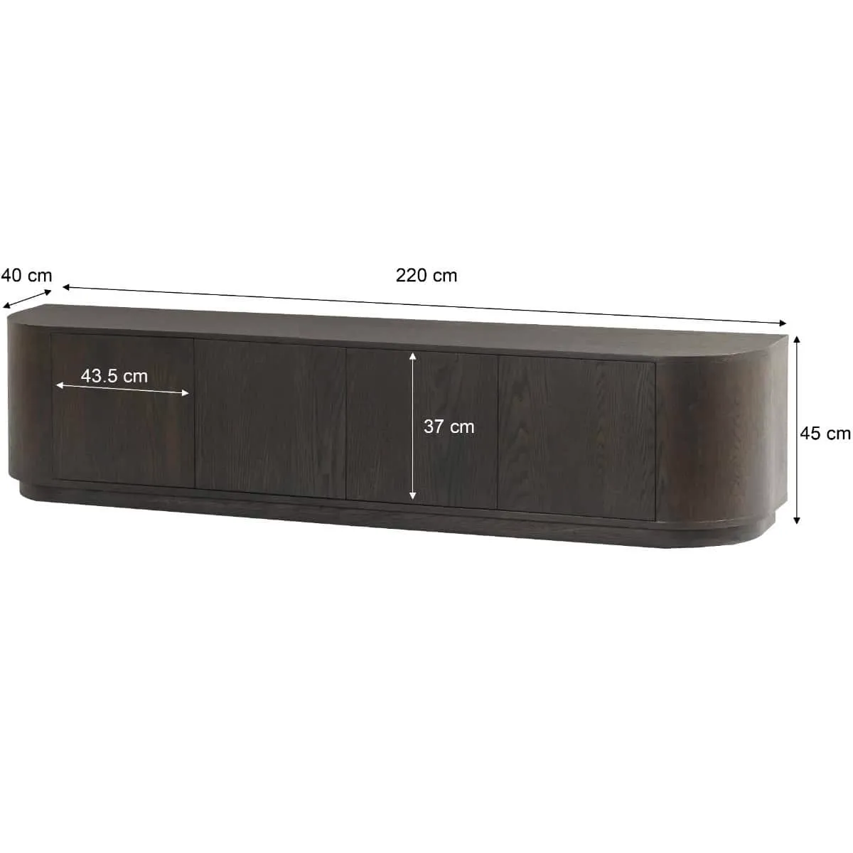 TV Meubel Novero Espresso 220cm op een witte achtergrond, met de afmetingen 220 cm breed, 40 cm diep en 45 cm hoog - Livingfurn