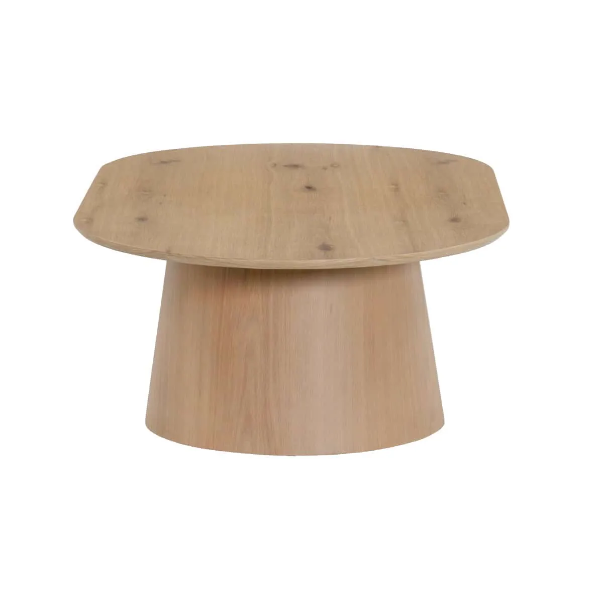 Couchtisch Novero oval 120cm mit einer Holzplatte und einem massiven Holzfuß auf weißem Hintergrund - Livingfurn