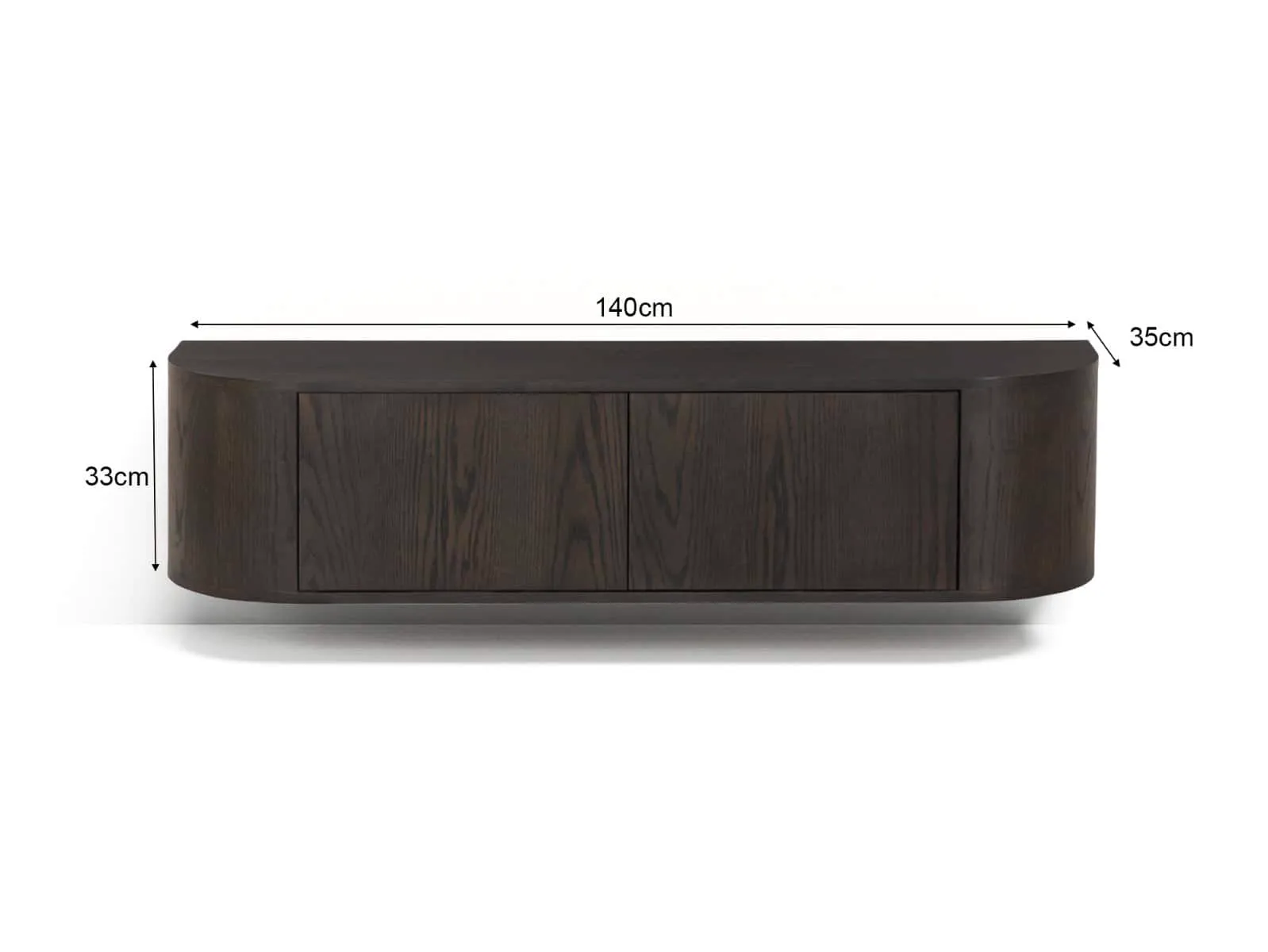 TV-Möbel Novero Espresso Schwebend 140cm auf weißem Hintergrund, mit den Maßen 140cm breit, 33cm hoch und 35cm tief - Livingfurn