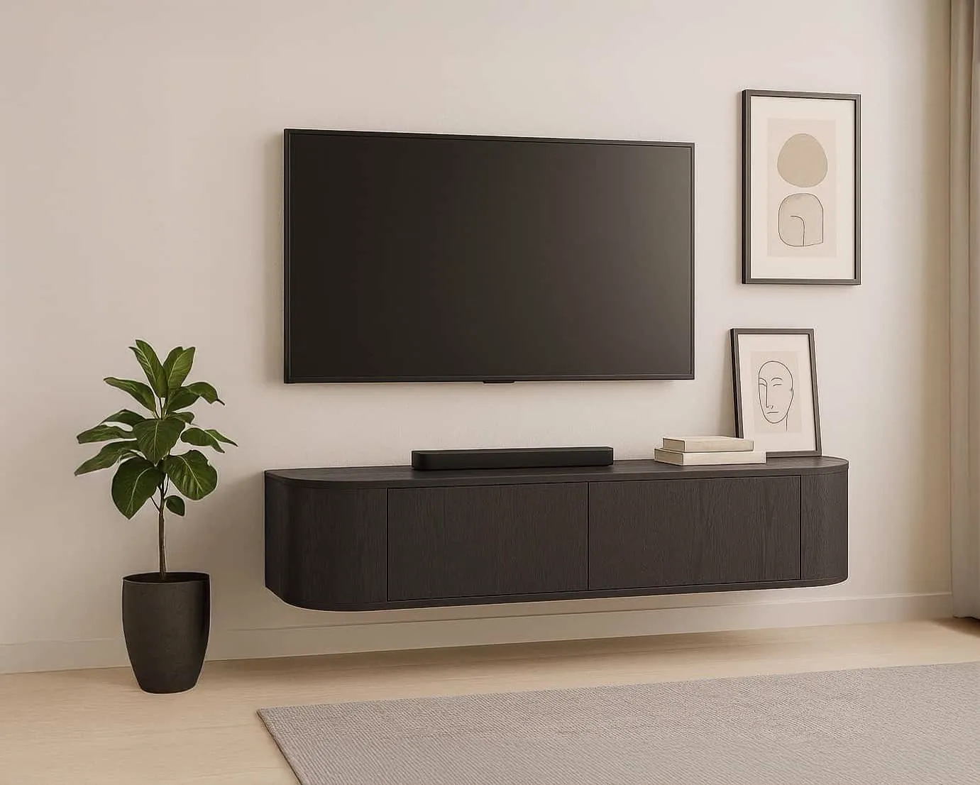 TV-Möbel Novero Espresso Schwebend 140cm in einem modernen Wohnzimmer mit Fernseher, Pflanze und Wandkunst - Livingfurn