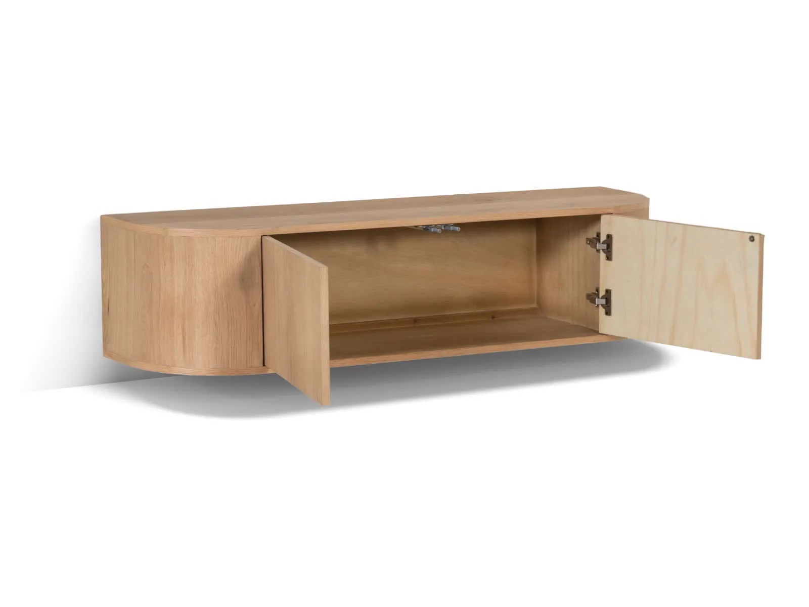 Schwebendes TV-Möbel Novero 140cm auf weißem Hintergrund, mit geöffneten Türen - Livingfurn