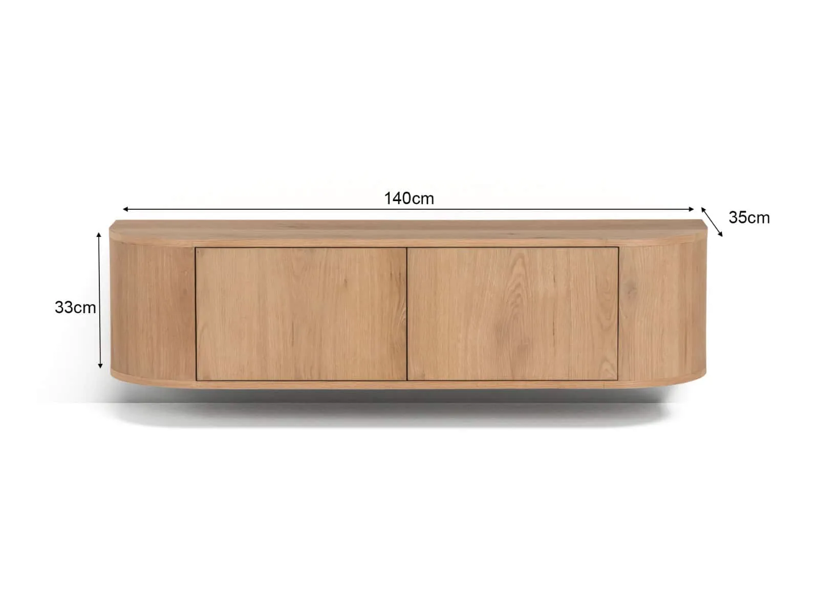 Schwebendes TV-Möbel Novero 140cm von Livingfurn auf weißem Hintergrund mit Maßen von 140cm Breite, 33cm Höhe und 35cm Tiefe