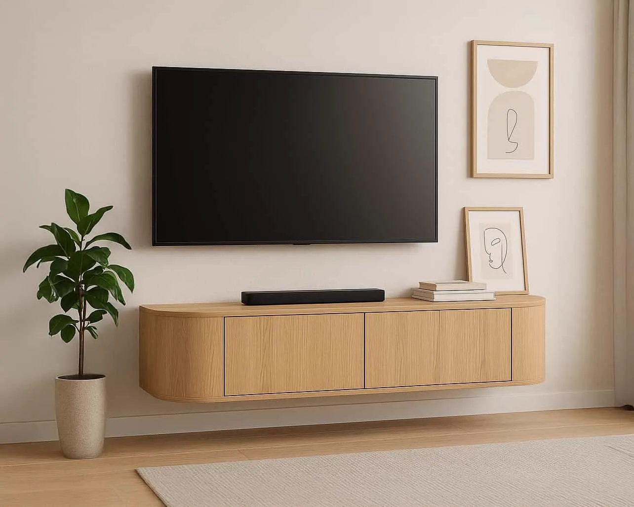 Das TV-Möbel Novero Schwebend 140cm in einem modernen Wohnzimmer mit Fernseher und Pflanze - Livingfurn