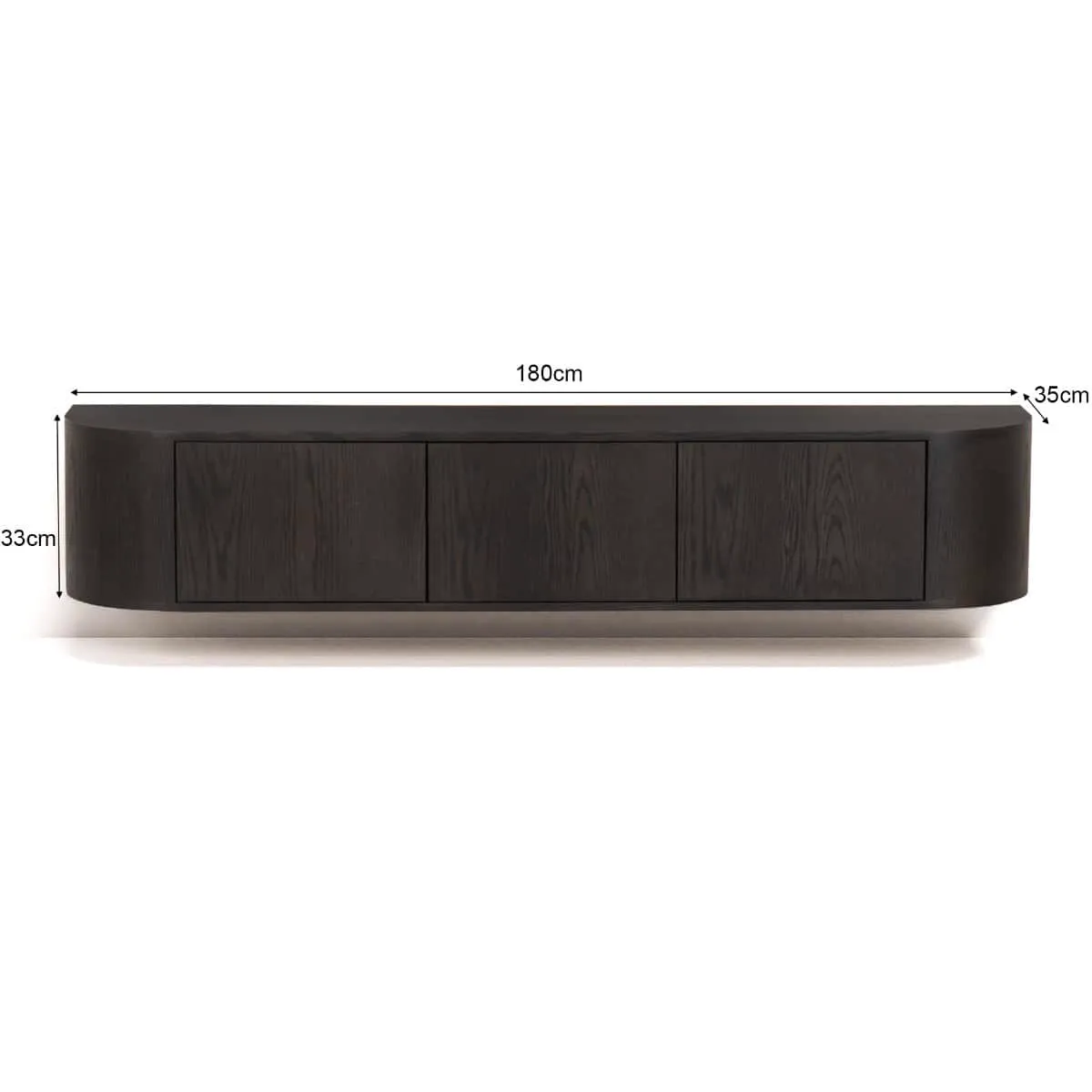 TV-Möbel Novero Espresso Schwebend 180cm auf weißem Hintergrund, mit Maßen von 180cm breit, 33cm hoch und 35cm tief - Livingfurn