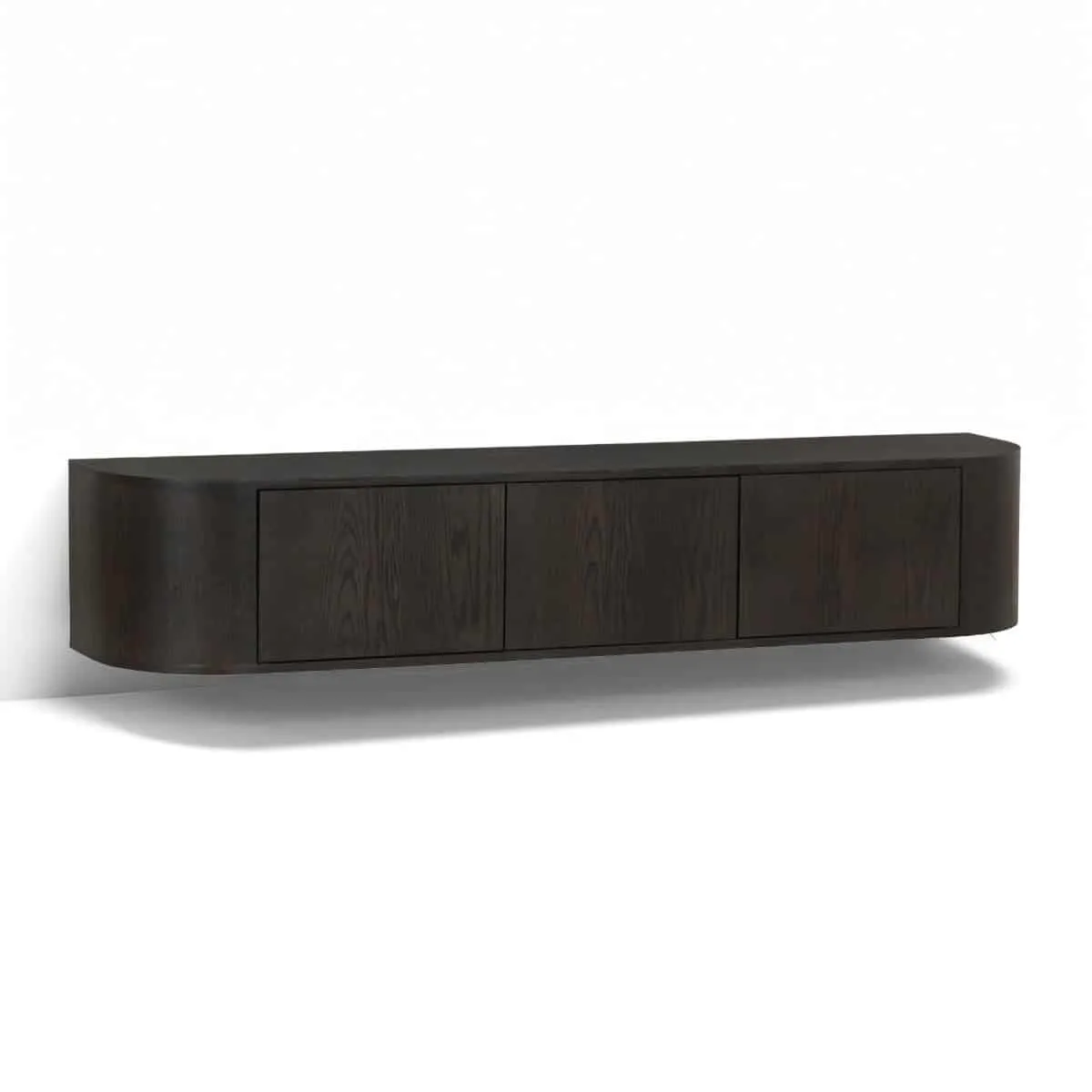 Schwebendes TV-Möbel Novero Espresso 180cm breit auf weißem Hintergrund, frontal fotografiert - Livingfurn