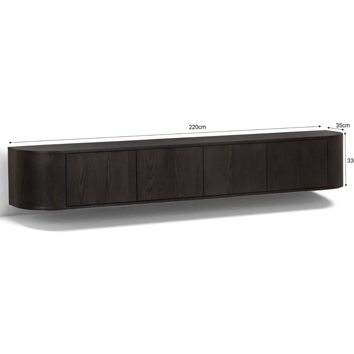 Schwebendes TV-Möbel Novero Espresso, 220 cm breit, mit vier Türen, auf weißem Hintergrund - Livingfurn
