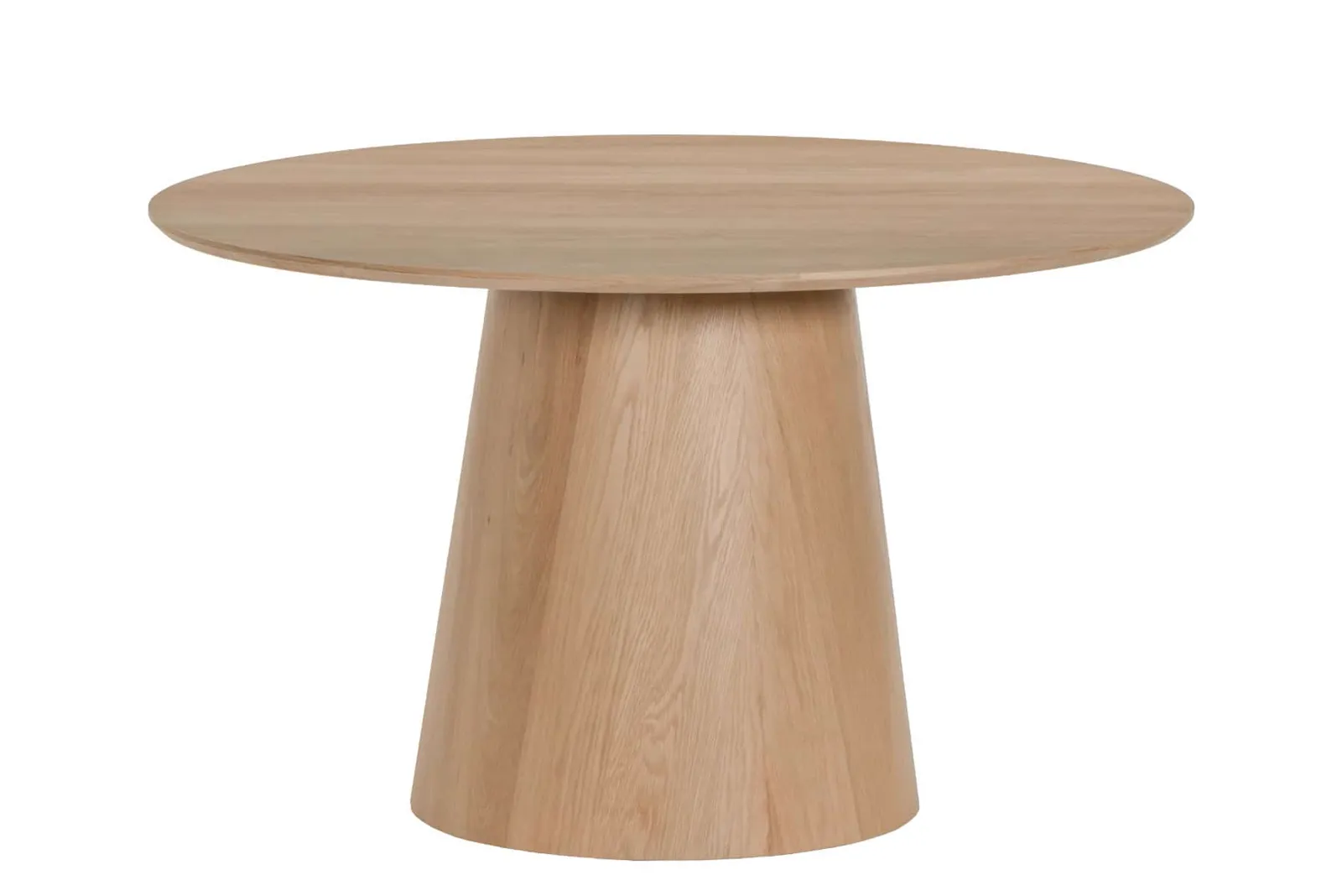 Esstisch Novero 130cm mit einer runden Holzplatte und einem massiven konischen Fuß auf weißem Hintergrund - Livingfurn