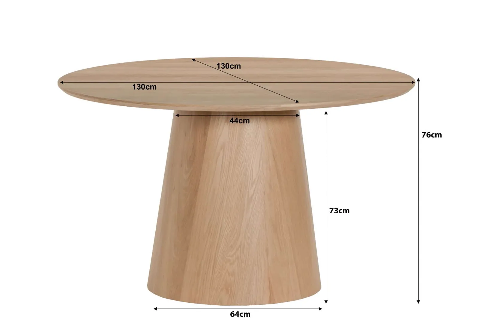 Esstisch Novero 130cm auf weißem Hintergrund, mit Maßen des Tisches und des Untergestells - Livingfurn