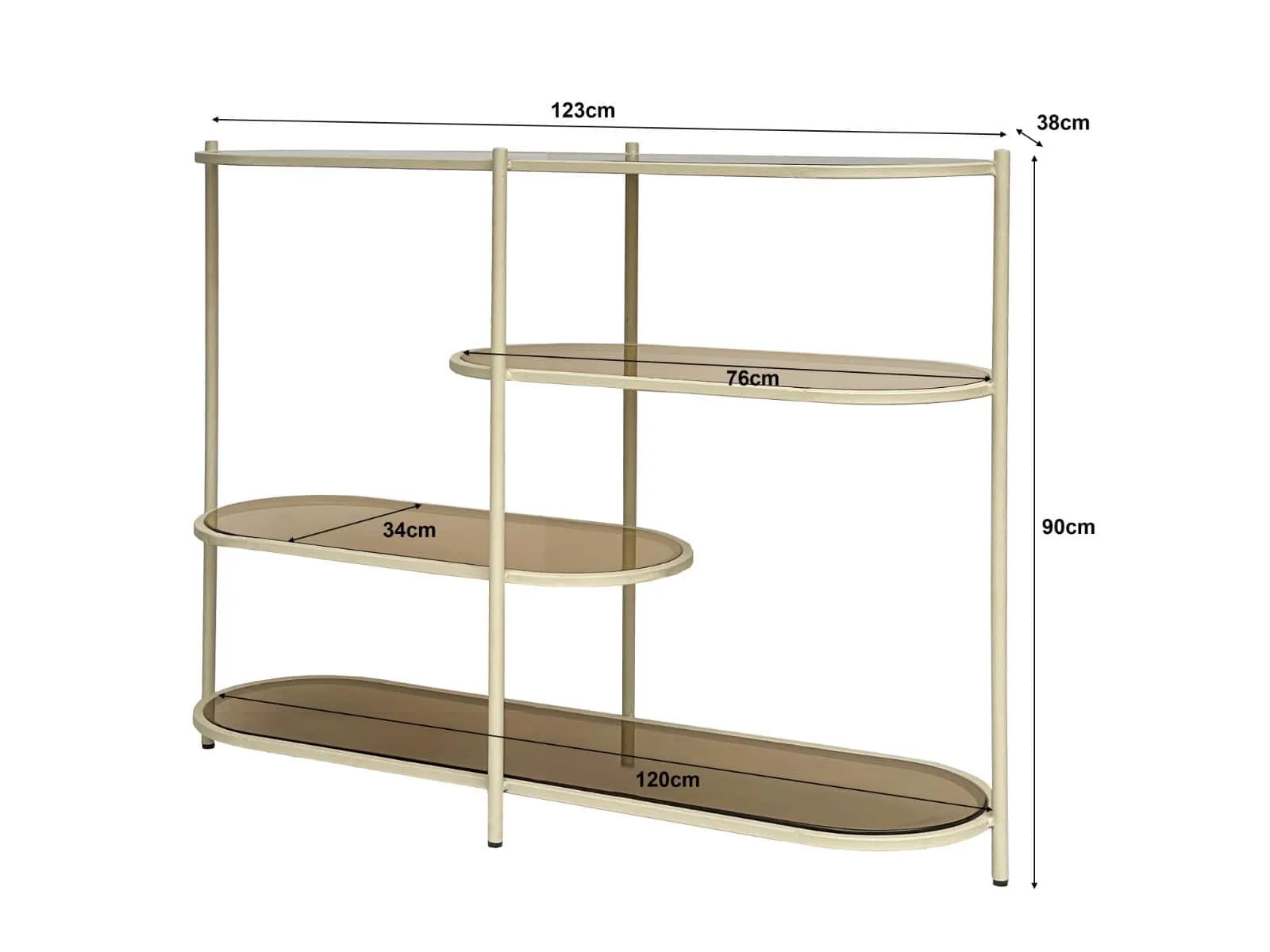 Wandschrank Brix Jill Off White 90cm mit drei ovalen Ablagen auf weißem Hintergrund, mit Maßen