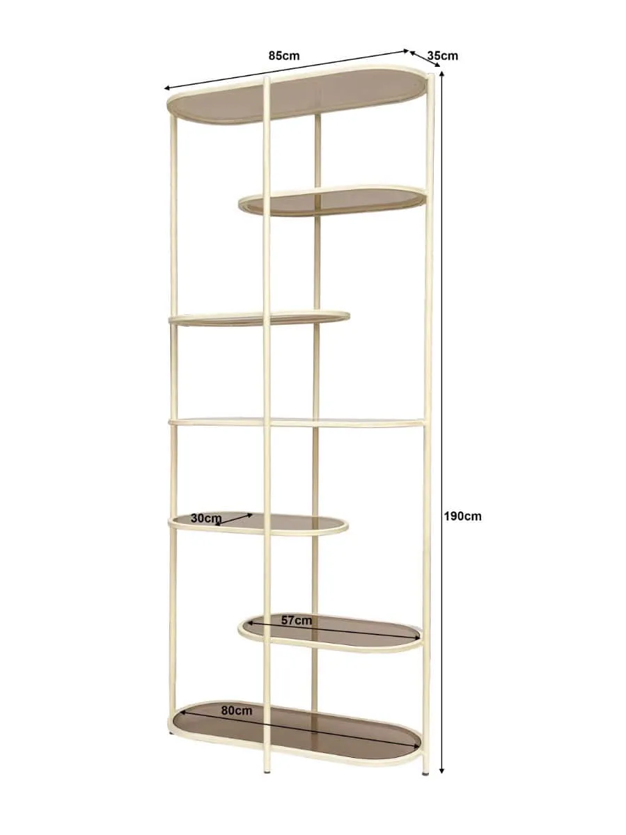 Wandregal Brix Jill Off White 190cm mit sechs ovalen Ablagen auf weißem Hintergrund