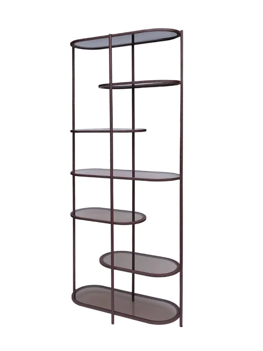Wandschrank Brix Jill Burgundy 190cm mit sechs ovalen Ablagen auf weißem Hintergrund, aus einer niedrigen Perspektive