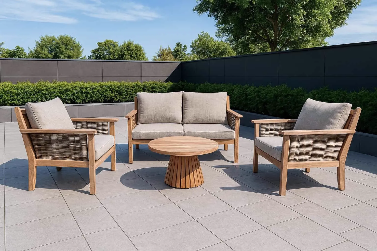 Das Malaga Tuinset mit zwei Sesseln und einem Sofa um einen Couchtisch auf einer Terrasse - Livingfurn