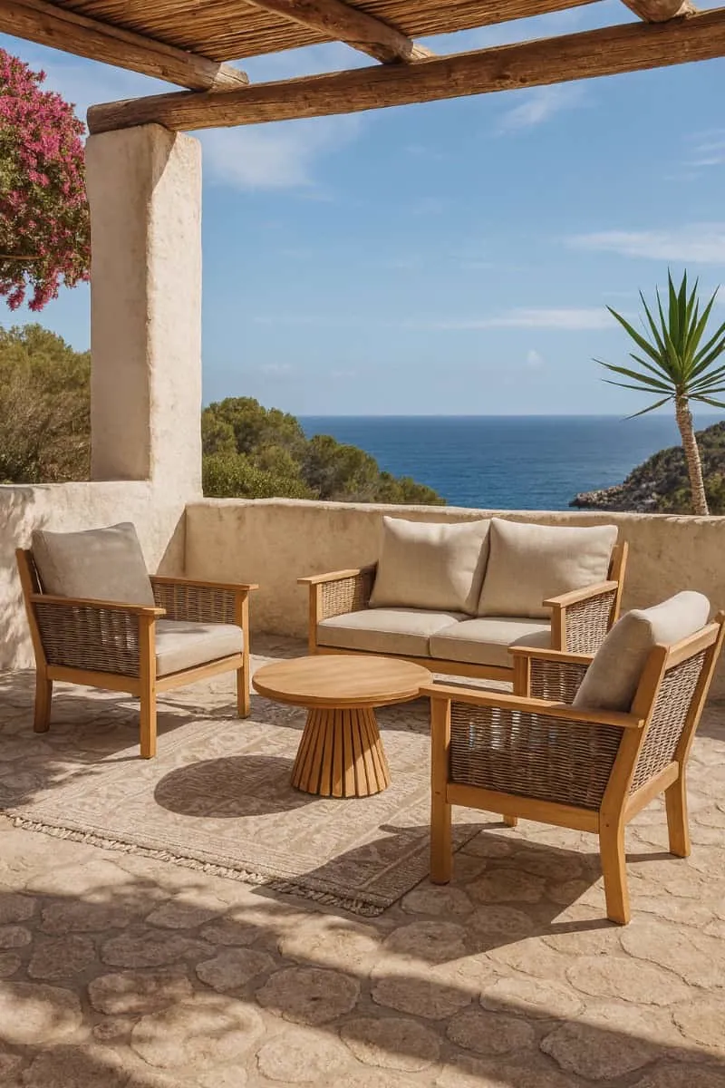 Malaga Tuinset auf einer Terrasse mit Meerblick, mit einem Sessel, Zweisitzer-Sofa und Couchtisch - Livingfurn