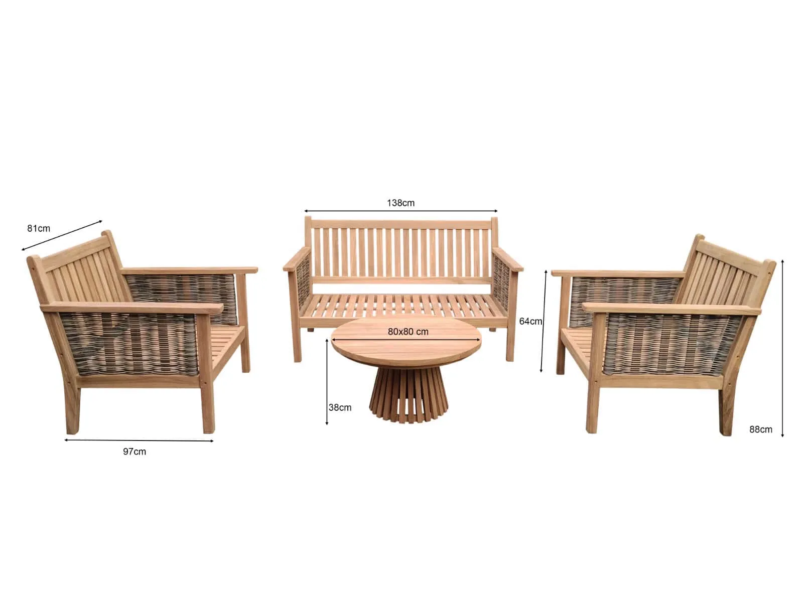 Malaga Gartenset mit zwei Sesseln, einem Zweisitzer-Sofa und einem Couchtisch auf weißem Hintergrund mit Maßen - Livingfurn