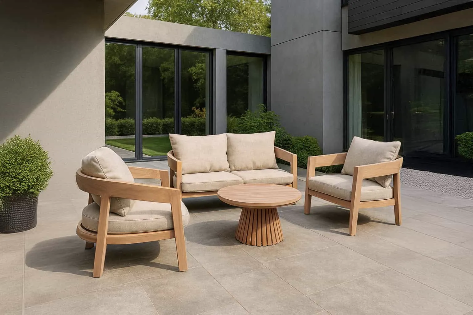 Das Bilbao Gartenset steht auf einer Terrasse mit einem Loungesofa, zwei Sesseln und einem Couchtisch - Livingfurn