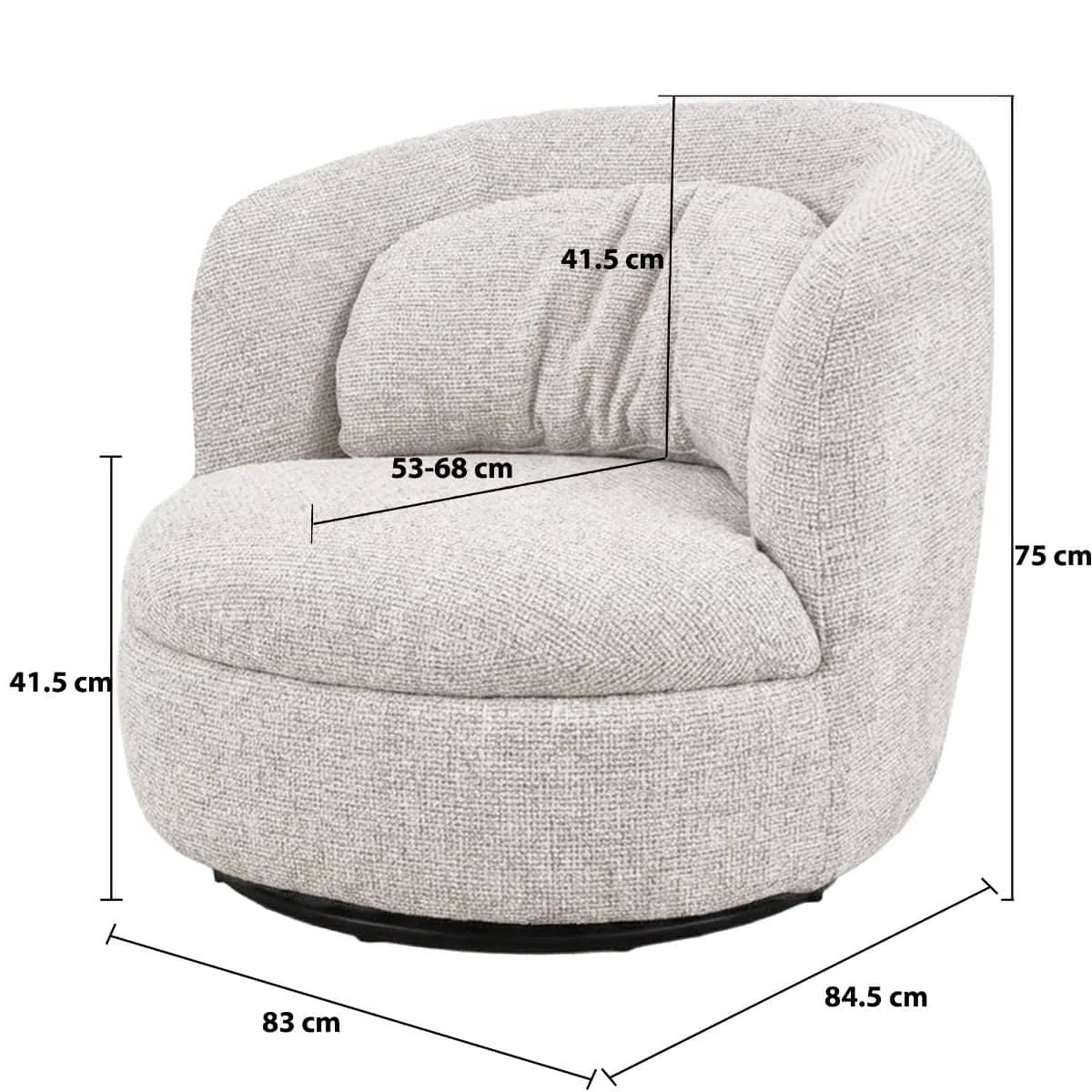 Britt Beige Sessel auf weißem Hintergrund, schräg von vorne fotografiert mit Abmessungen - Livingfurn
