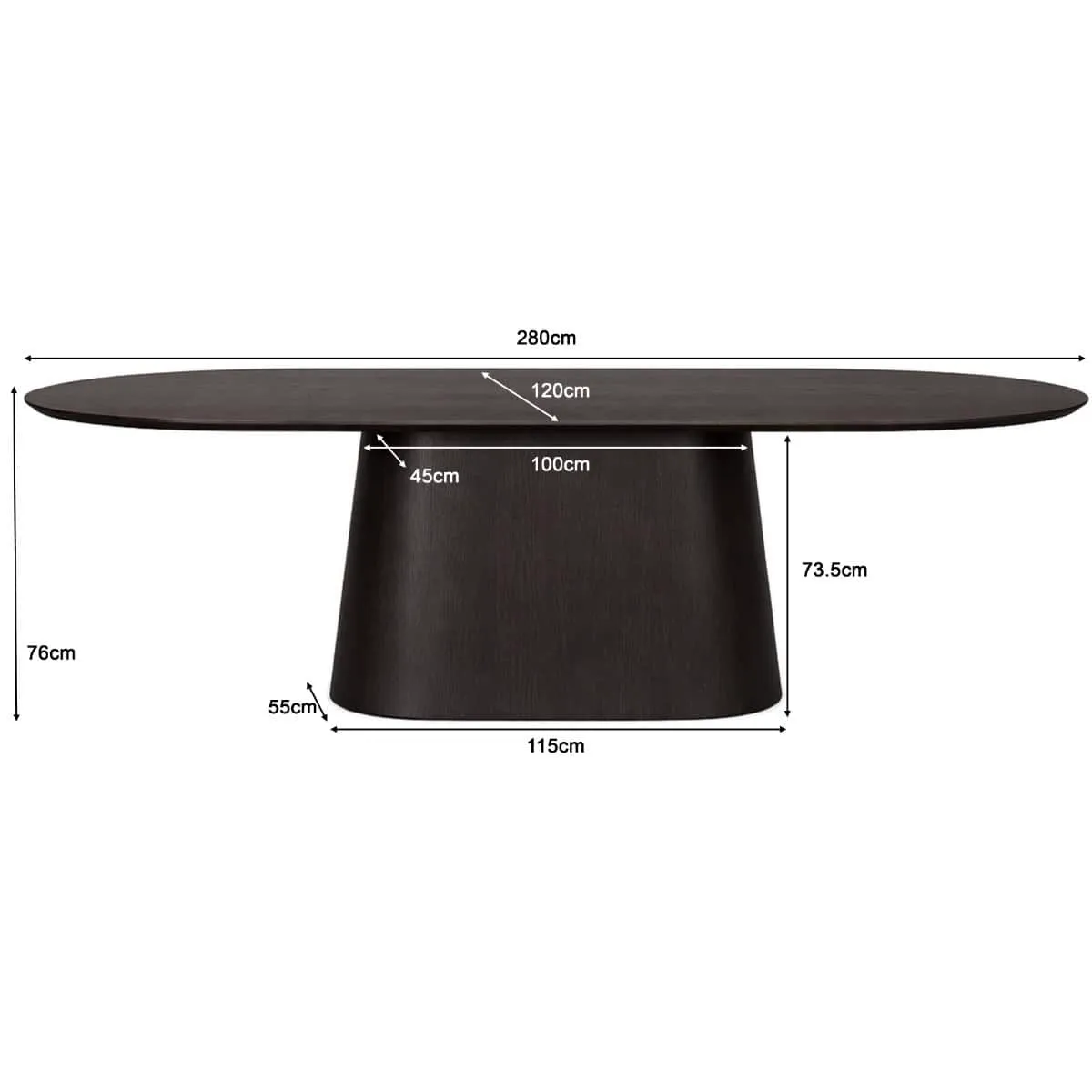 Esstisch Novero Espresso 280cm auf weißem Hintergrund, mit Maßen des Tisches und des Fußes - Livingfurn