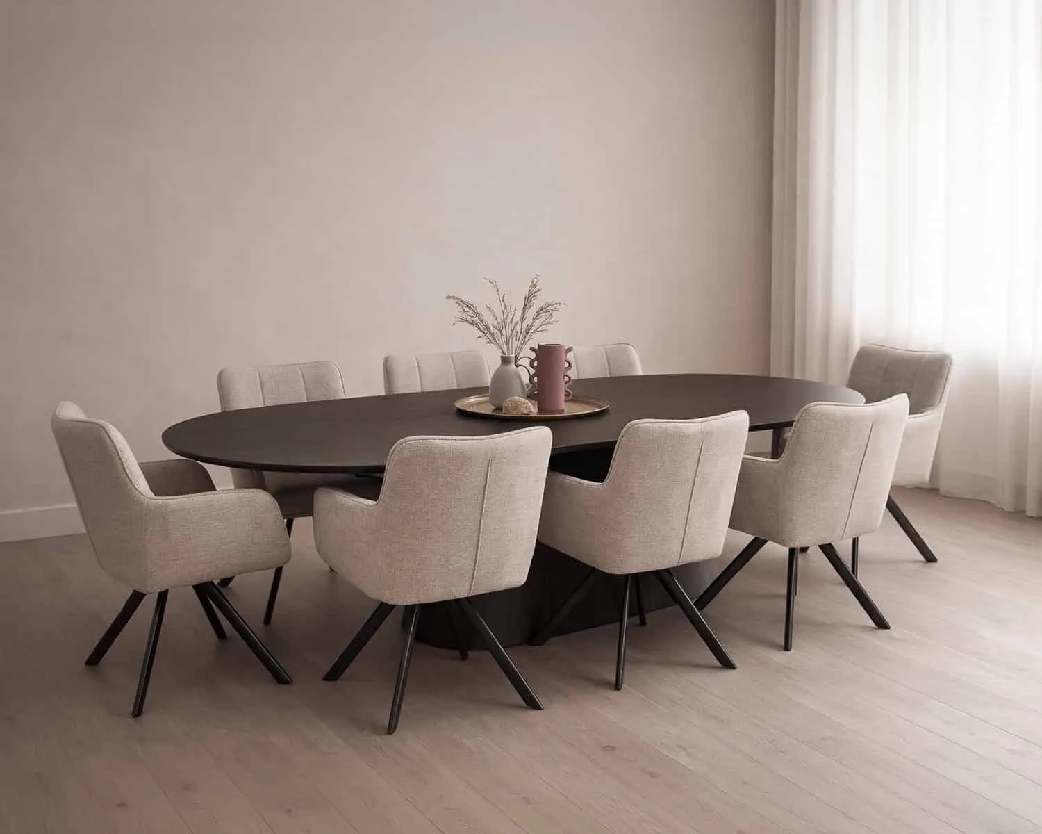Der Esstisch Novero Espresso 280cm in einem modernen Esszimmer mit acht gepolsterten Stühlen - Livingfurn