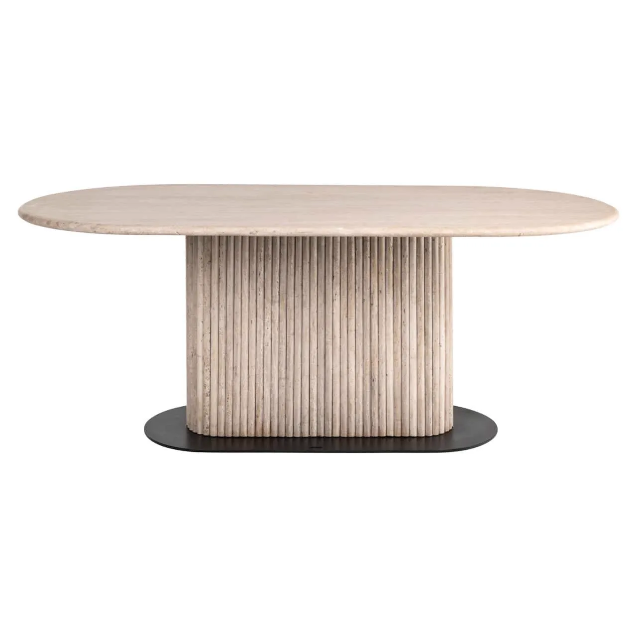 Esstisch La Cantera Beige 200 auf weißem Hintergrund, mit ovaler Platte und geripptem Sockel - Richmond Interiors