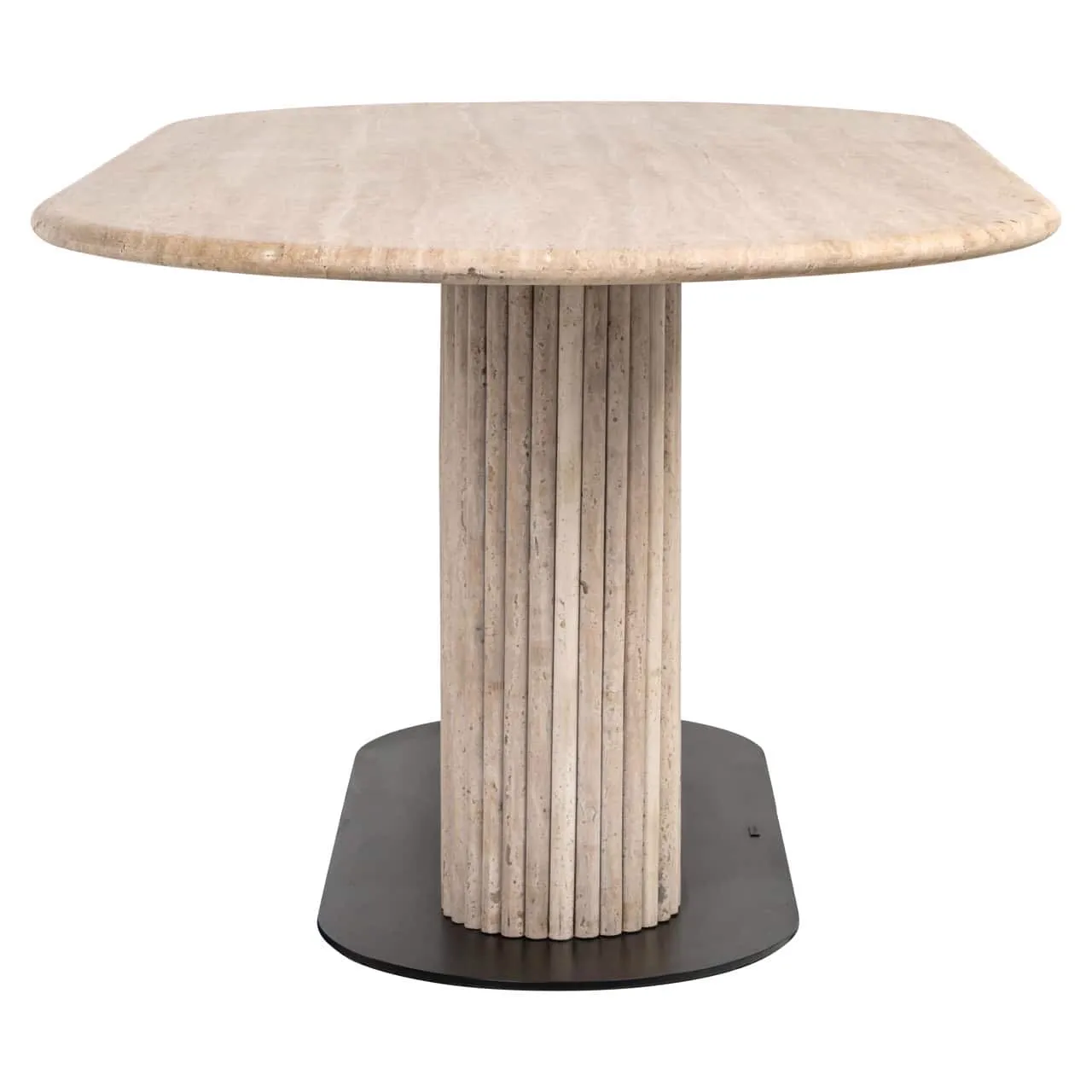 Esstisch La Cantera Beige 200 auf weißem Hintergrund, mit einer Nahaufnahme der Tischplatte und des säulenförmigen Fußes - Richmond Interiors