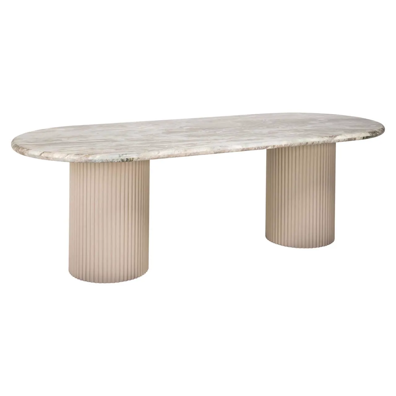 Esstisch Coronel Blush beige 240 mit ovaler Platte auf zwei geriffelten Beinen, vor weißem Hintergrund - Richmond Interiors