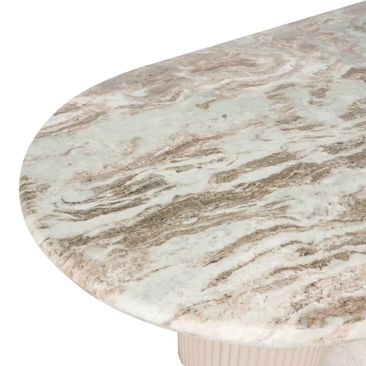 Nahaufnahme der ovalen Platte des Esstisch Coronel Blush beige 240, mit Marmormuster - Richmond Interiors