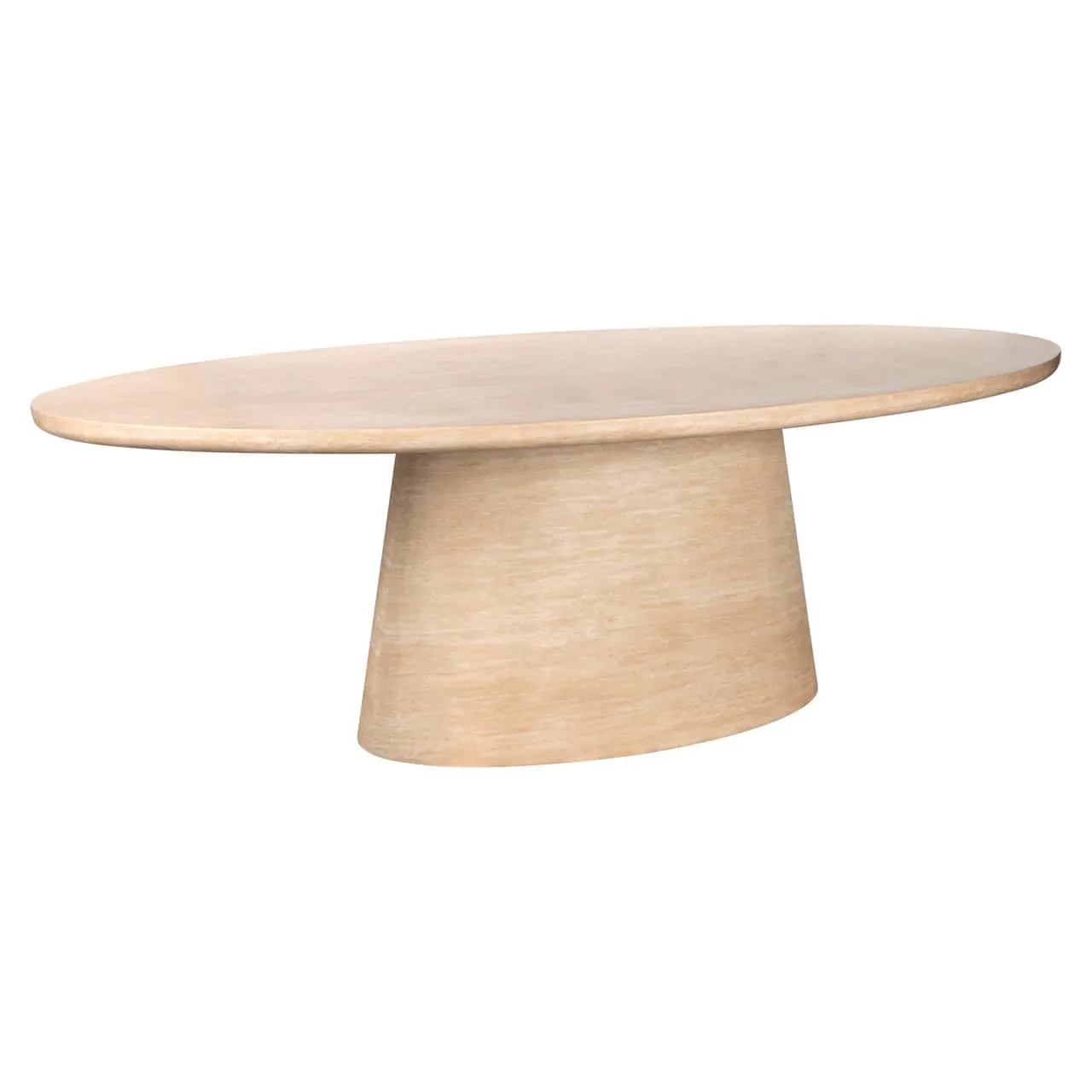 Esstisch Fictus beige 240 auf weißem Hintergrund, mit ovaler Tischplatte und breitem, schrägem Fuß - Richmond Interiors