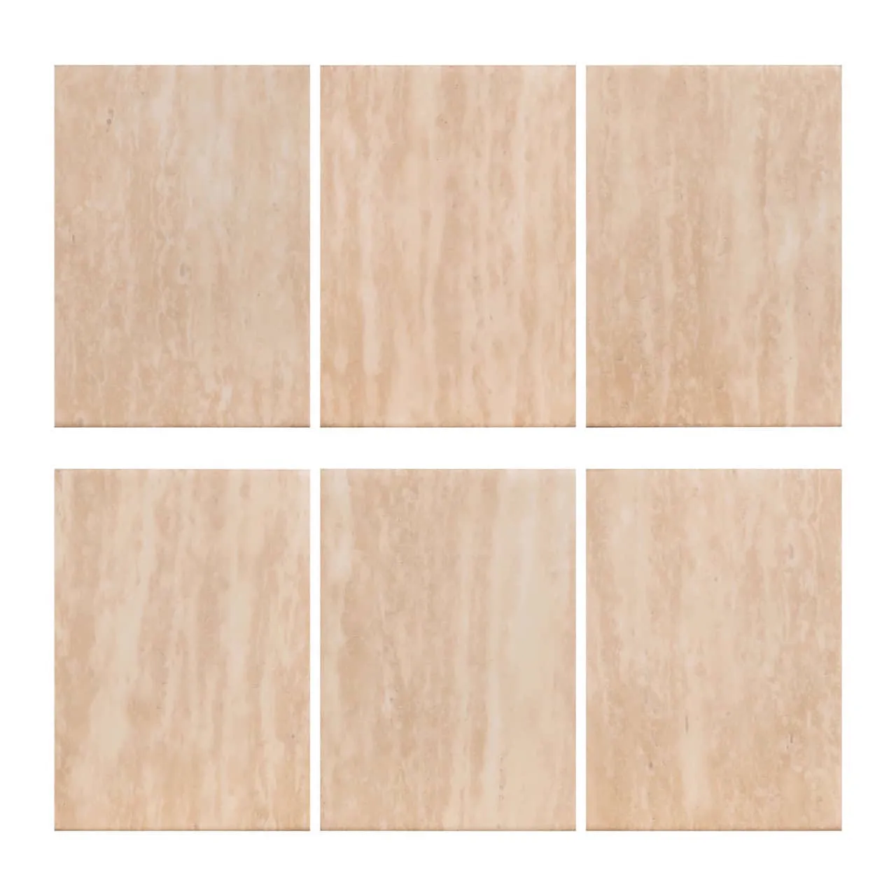 Sechs beige quadratische Fliesen mit einem leicht gestreiften Muster, von oben auf weißem Hintergrund fotografiert - Richmond Interiors