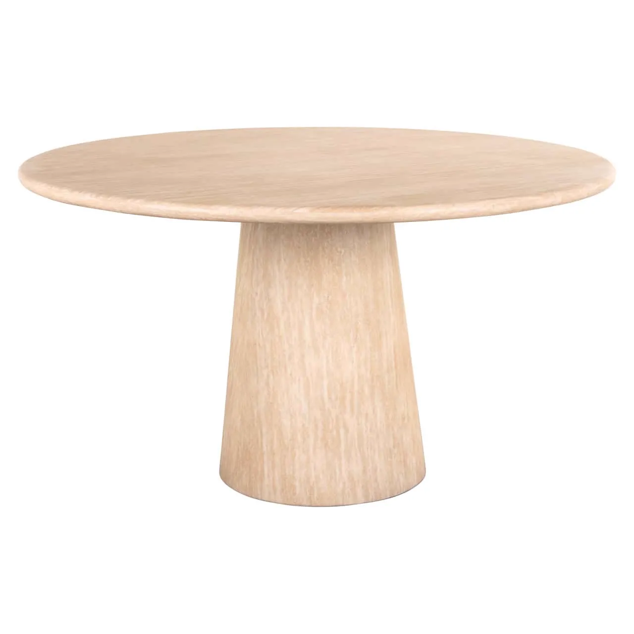 Esstisch Fictus beige 140Ø auf weißem Hintergrund, mit einer Nahaufnahme der Tischplatte und des konischen Beins - Richmond Interiors