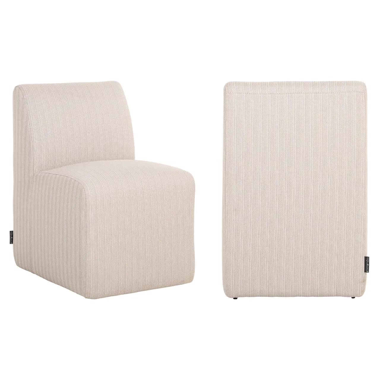 Zwei Ansichten des Outdoor Essstuhls Riva beige auf weißem Hintergrund, mit dem Stuhl von vorne und einer Nahaufnahme der Rückenlehne - Richmond Interiors