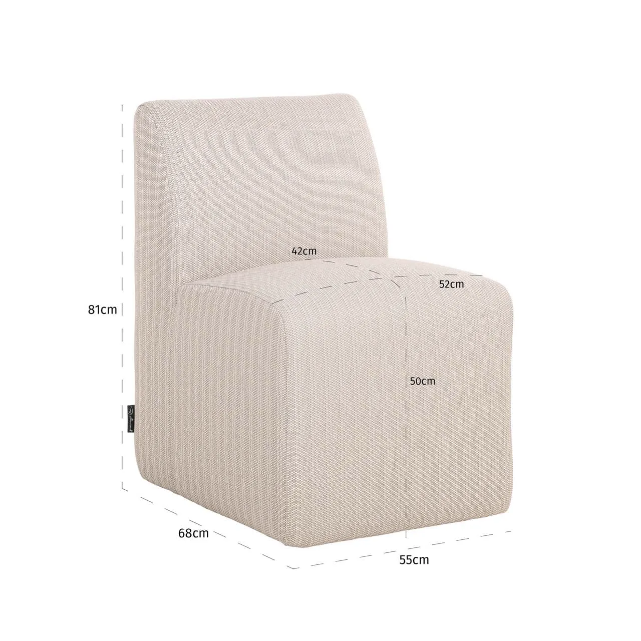 Outdoor Essstuhl Riva beige auf weißem Hintergrund, schräg von vorne fotografiert mit Maßen - Richmond Interiors