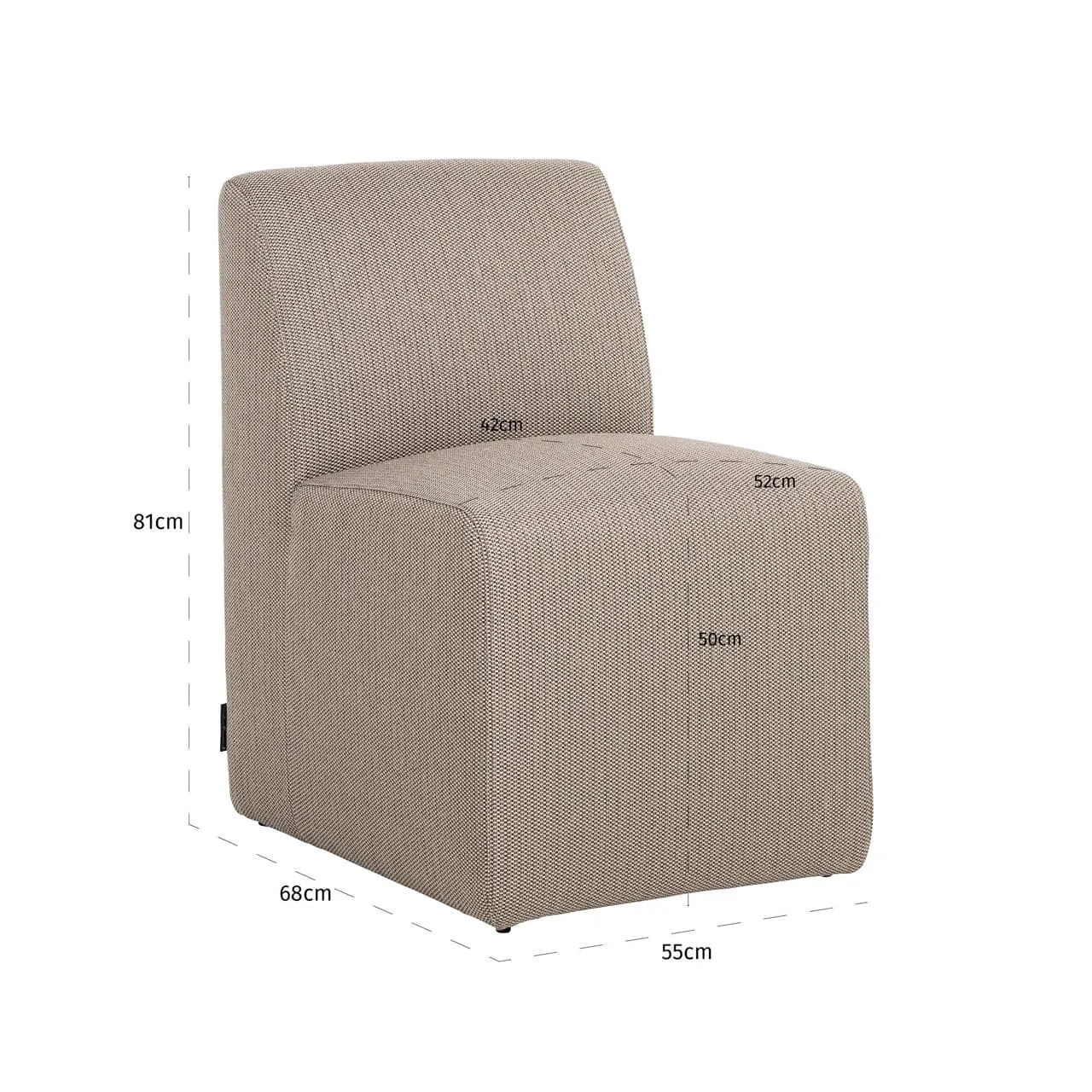 Outdoor Esszimmerstuhl Riva taupe auf weißem Hintergrund, schräg von vorne fotografiert mit Abmessungen - Richmond Interiors