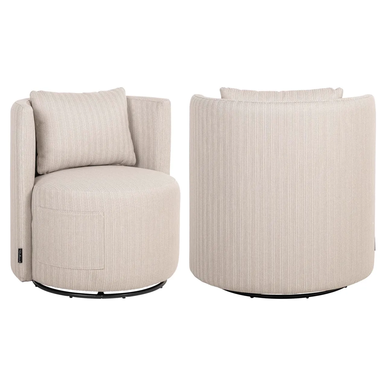 Zwei Outdoor-Esszimmerstühle Marlin beige drehbar, einer von vorne und einer von hinten, auf weißem Hintergrund - Richmond Interiors