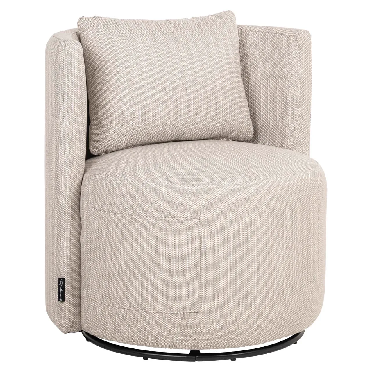 Outdoor-Esszimmerstuhl Marlin beige drehbar auf weißem Hintergrund, mit einem Kissen und einem schwarzen Drehfuß - Richmond Interiors