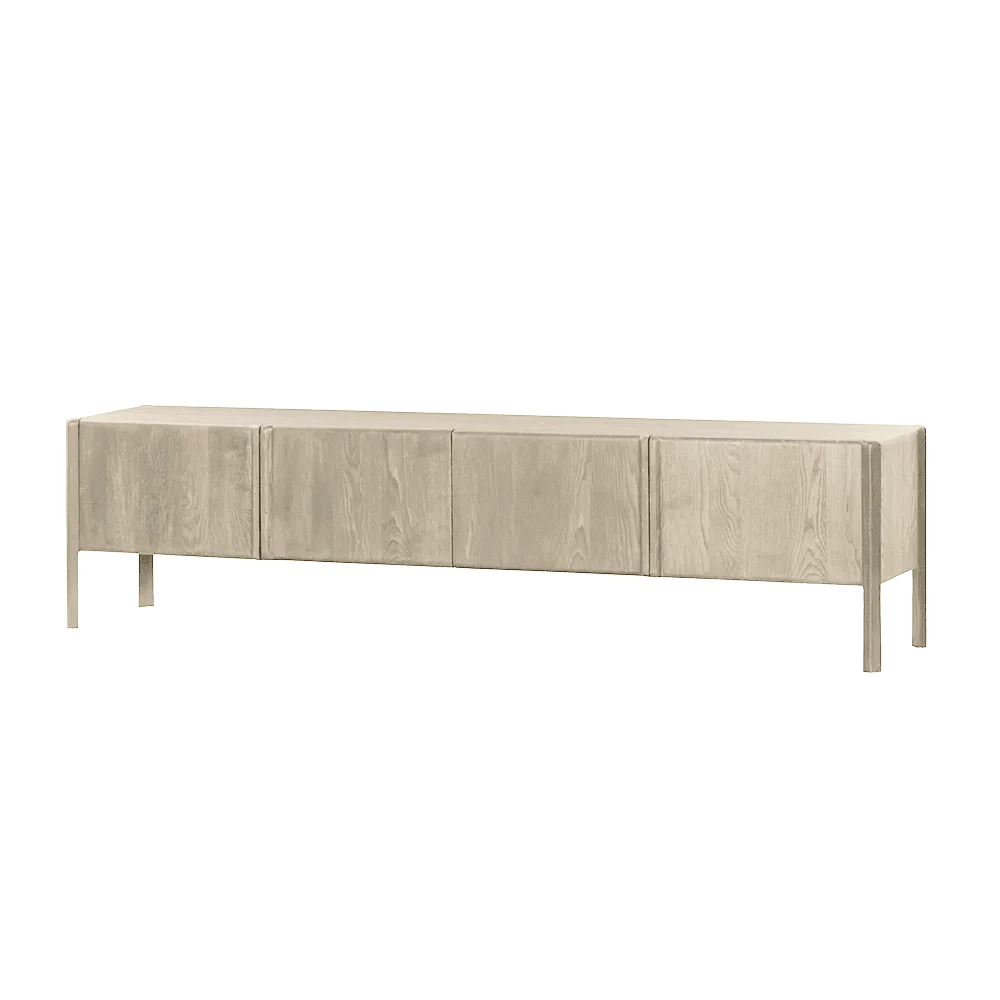 Amalfi TV-Schrank White Wash 220 cm, von vorne fotografiert vor einem dunklen Hintergrund - Tower Living