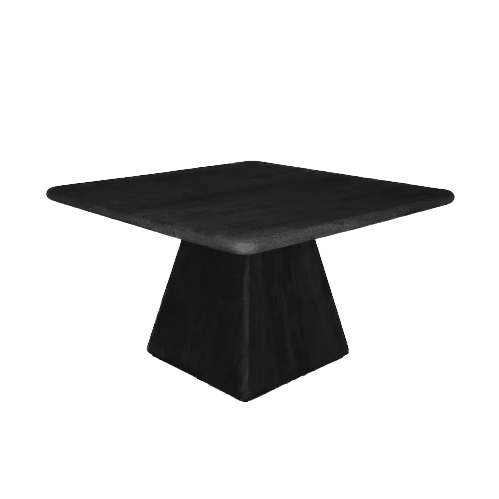 Asti Esstisch quadratisch Schwarz 130 cm, aus einem niedrigen Blickwinkel vor dunklem Hintergrund fotografiert - Tower Living